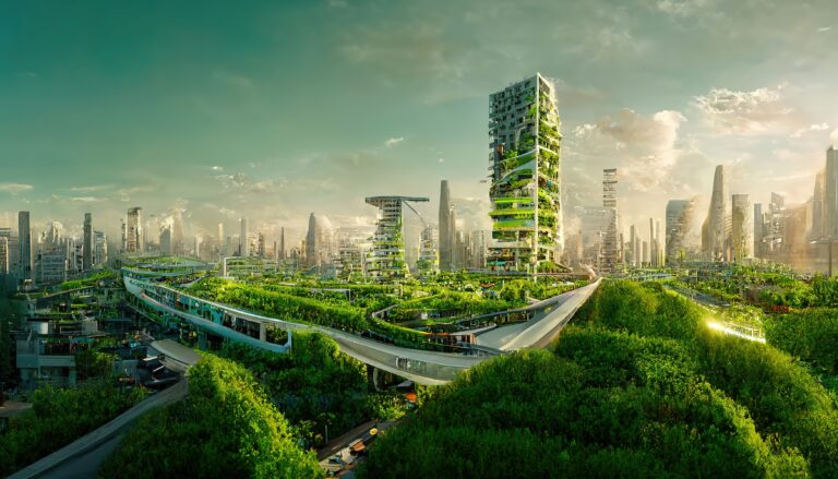 Spectacular digital art 3D illustration eco futuristic city abundant in trees
